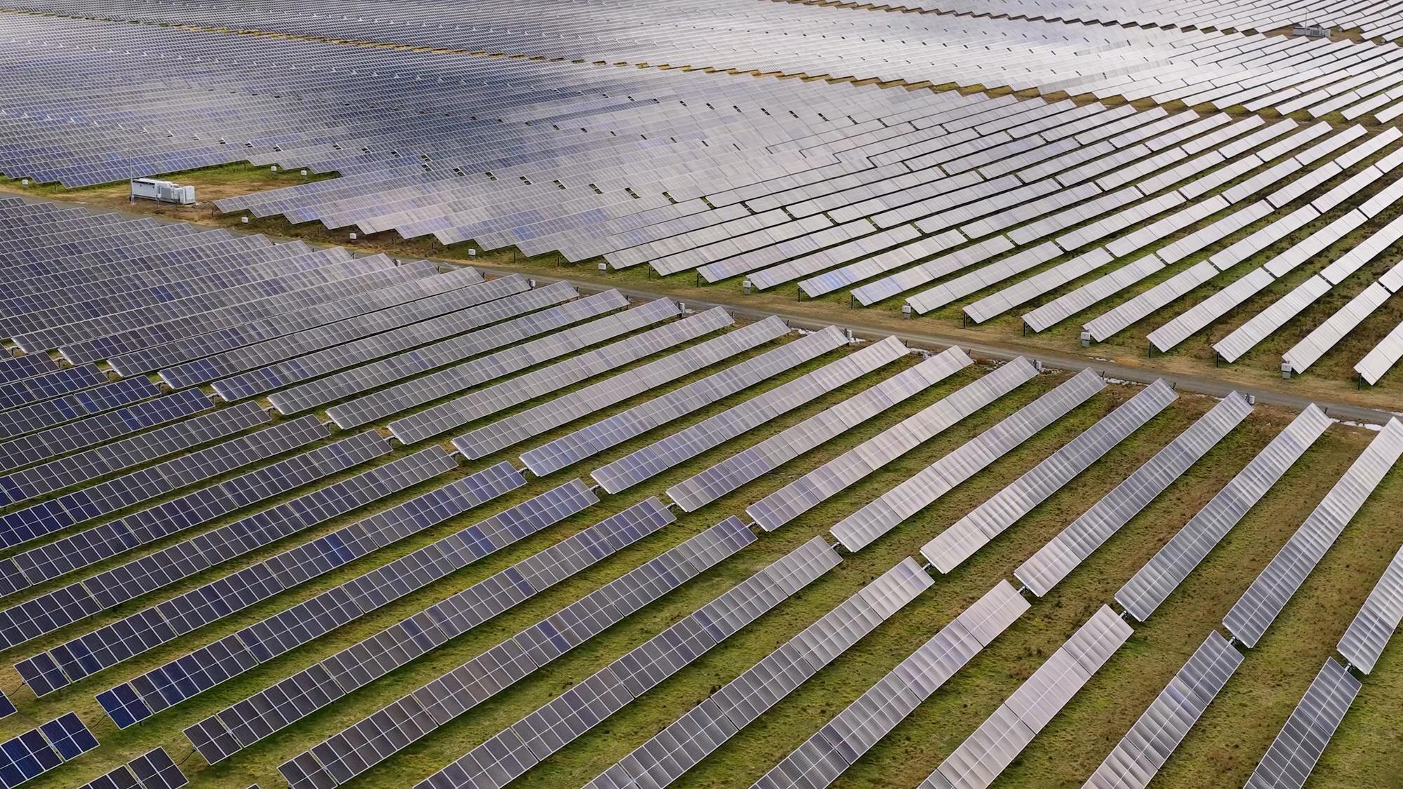 Aerial view of a utility-scale solar field